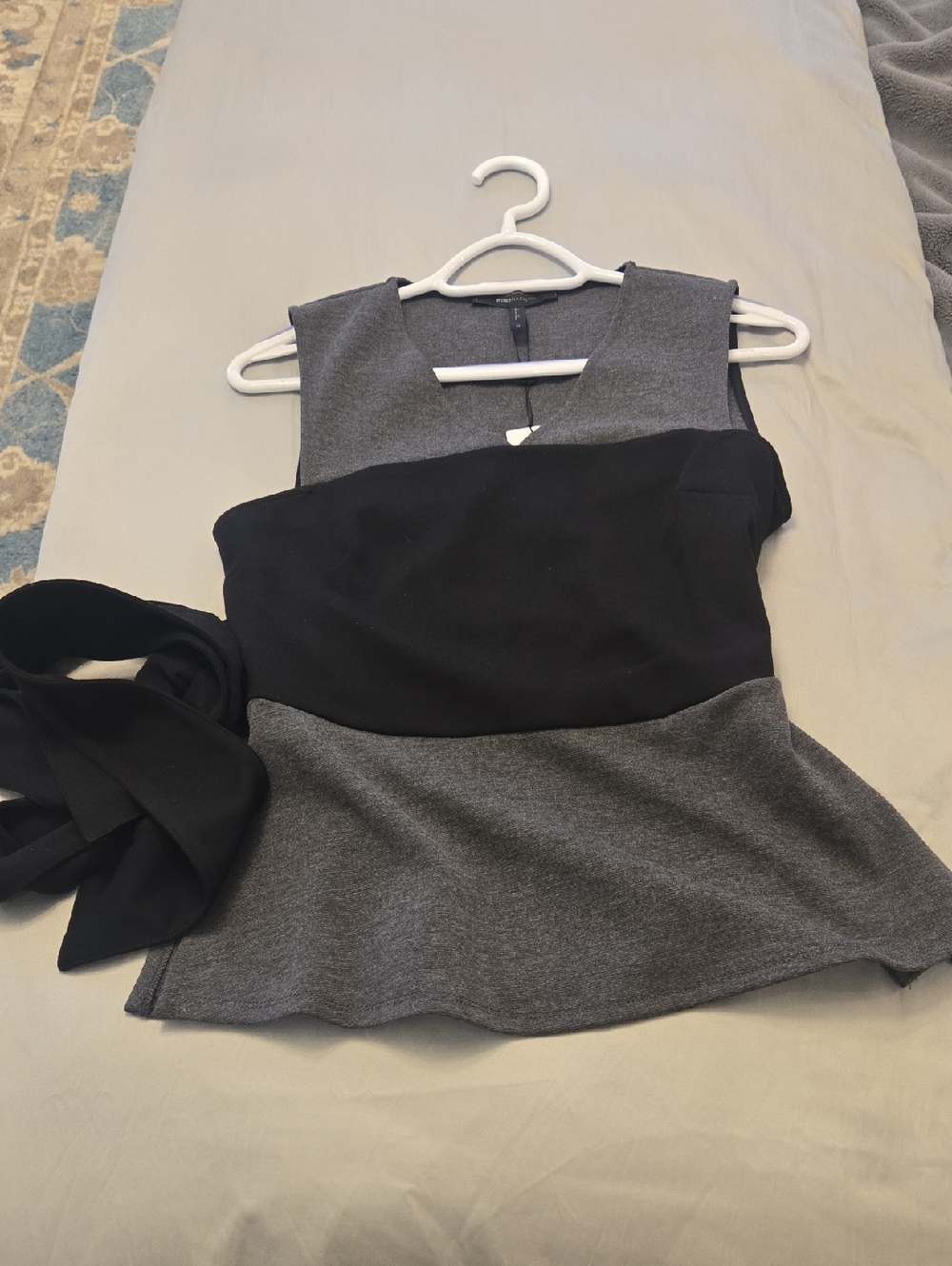 BCBGMaxAzria Gray and Black Peplum Sleeveless Top